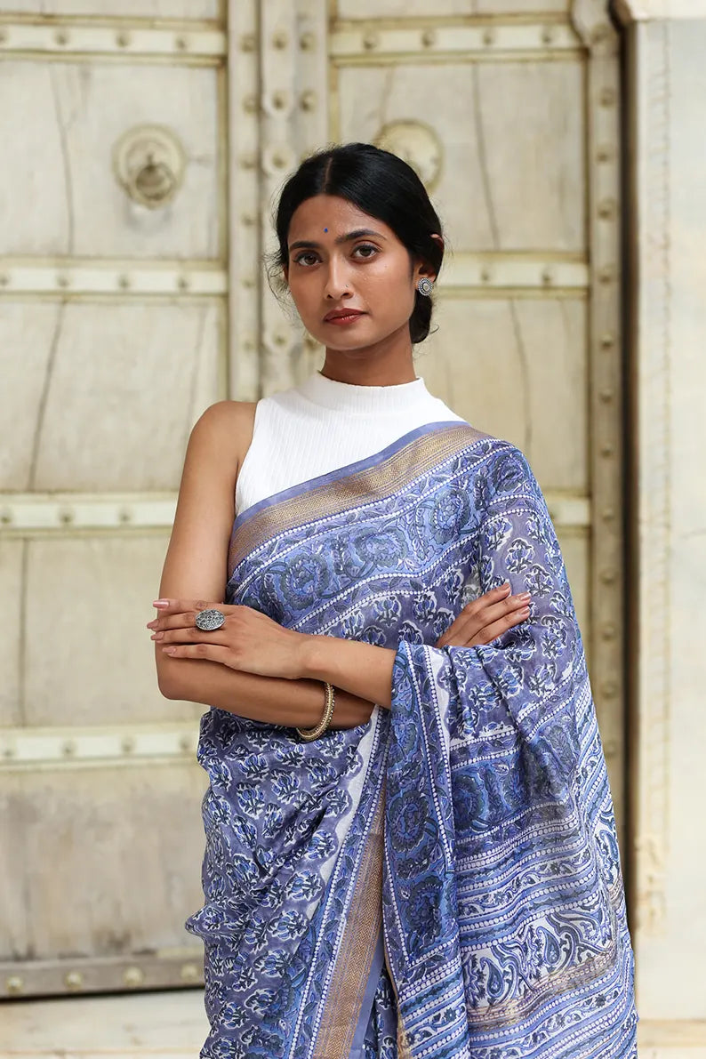 Cornflower Blue - Hand Block Print Maheshwari Silk Saree