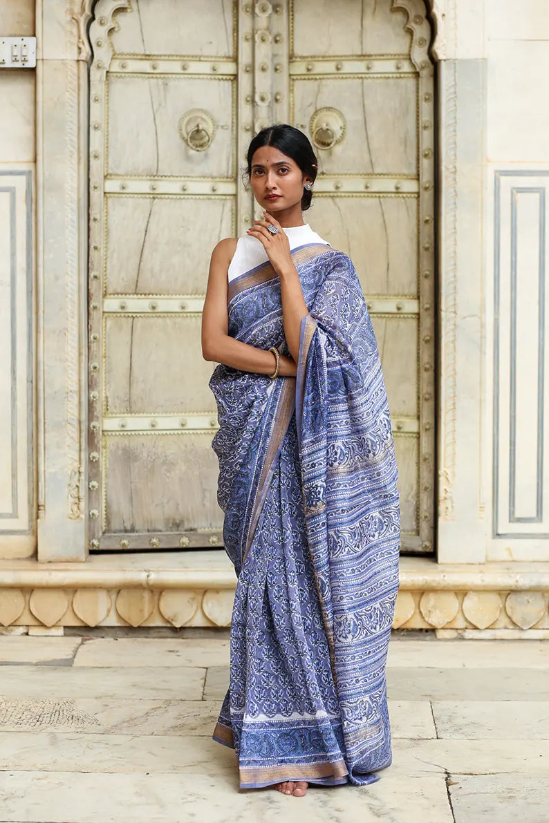 Cornflower Blue - Hand Block Print Maheshwari Silk Saree