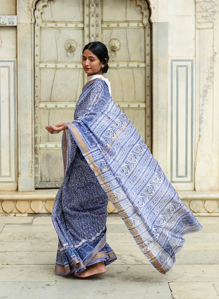 Cornflower Blue - Hand Block Print Maheshwari Silk Saree