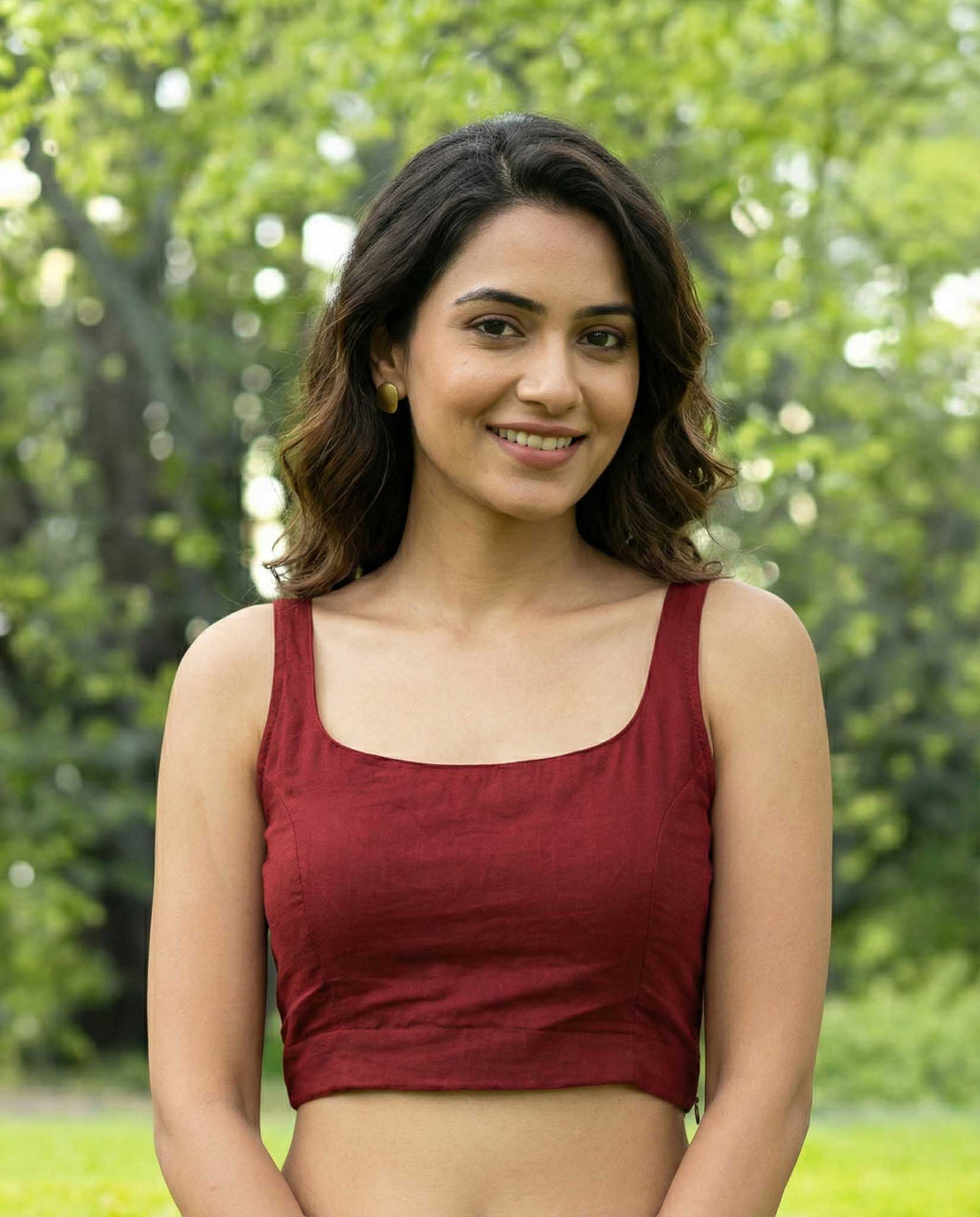 Maroon Cotton Sleeveless Readymade Blouse with U neck