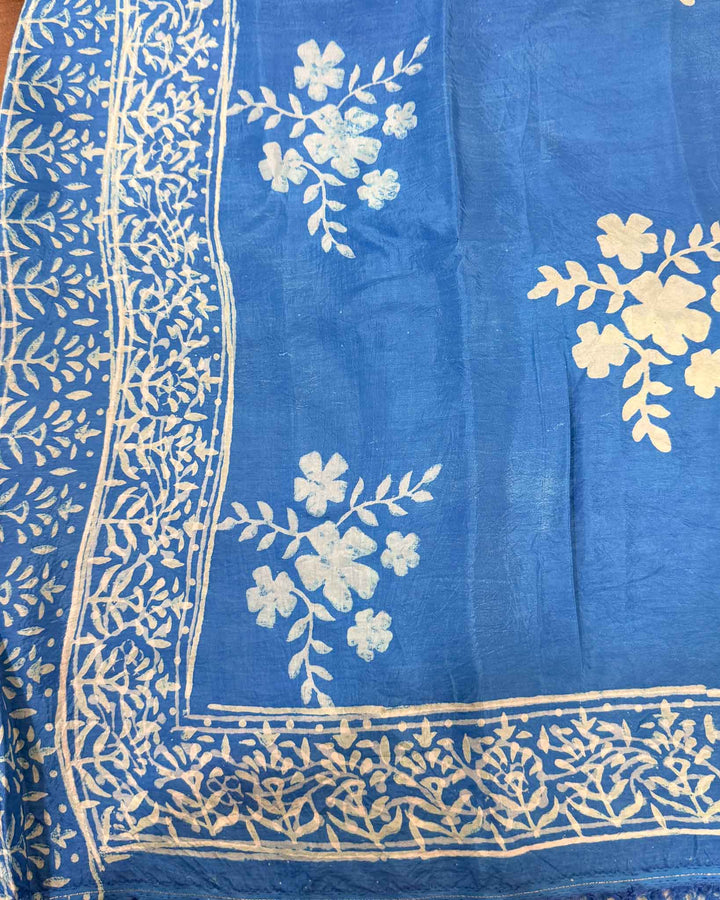 Blue Reva Hand Block Print Dabu Silk Saree