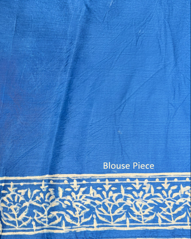 Blue Reva Hand Block Print Dabu Silk Saree