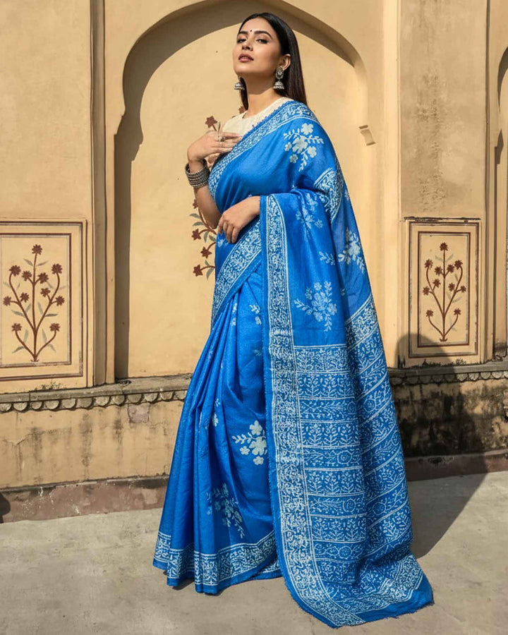 Blue Reva Hand Block Print Dabu Silk Saree