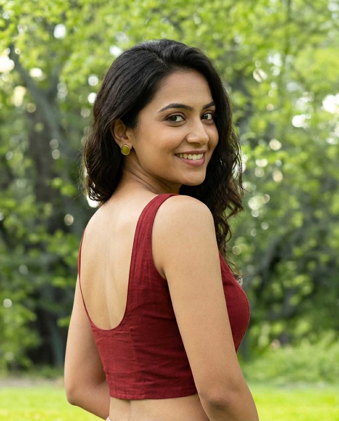 Maroon Cotton Sleeveless Readymade Blouse with U neck