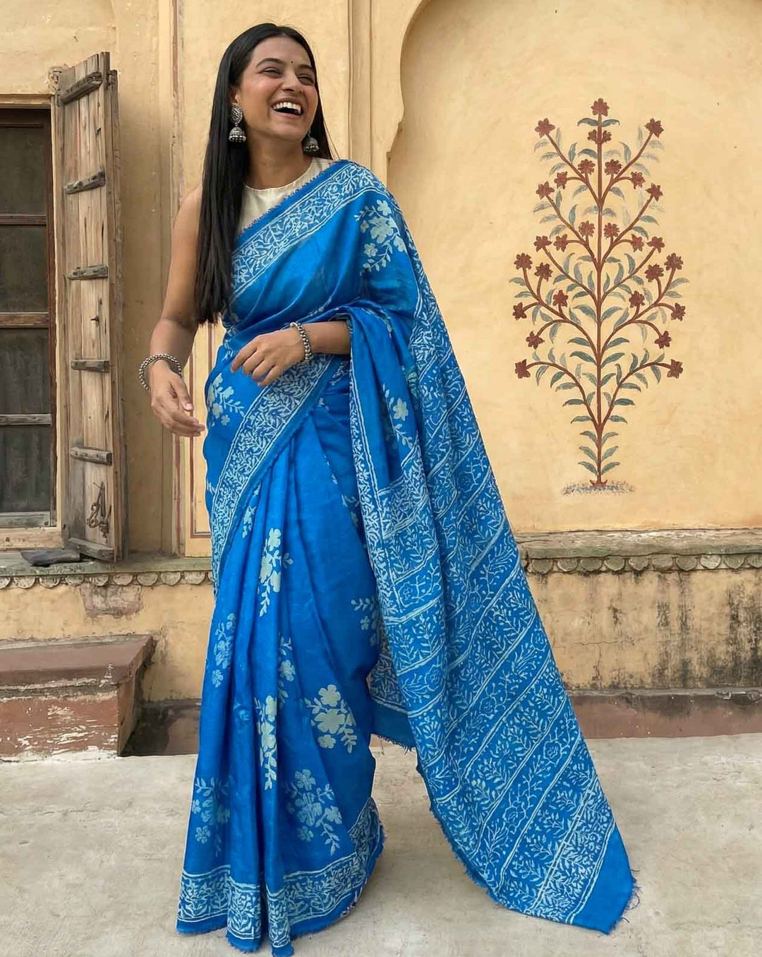 Blue Reva Hand Block Print Dabu Silk Saree