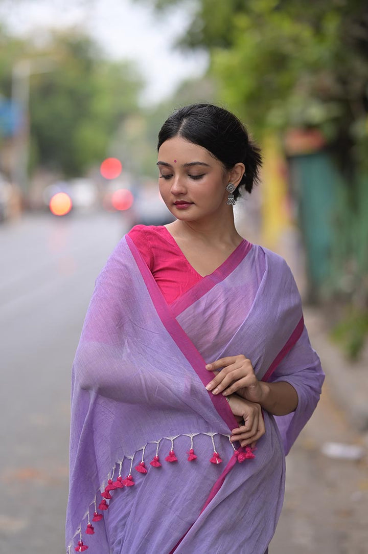 Soft Lavender Handwoven Mulmul Cotton Saree