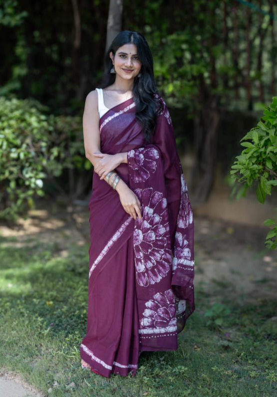 Wine Pop - Mauve Batik Pure Mulmul Cotton Saree