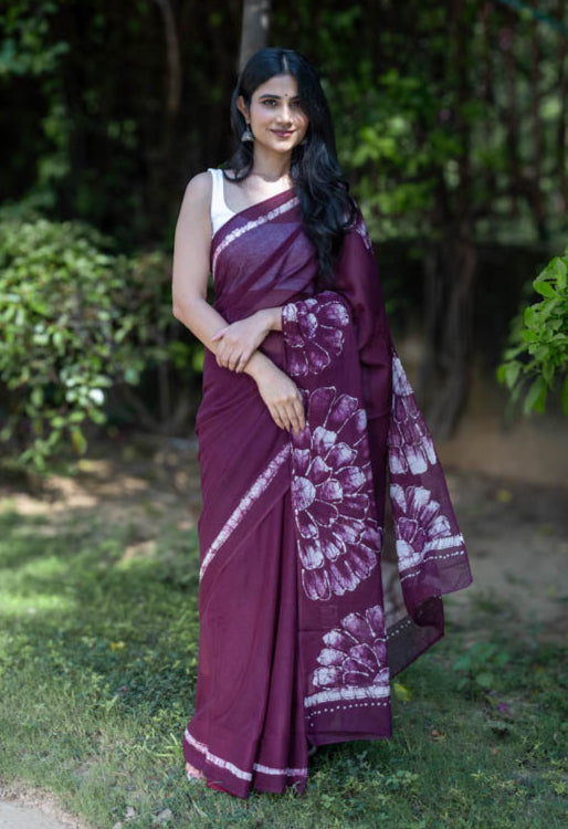 Wine Pop - Mauve Batik Pure Mulmul Cotton Saree