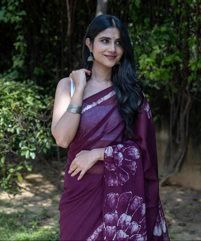 Wine Pop - Mauve Batik Pure Mulmul Cotton Saree