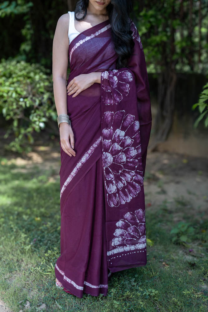 Wine Pop - Mauve Batik Pure Mulmul Cotton Saree