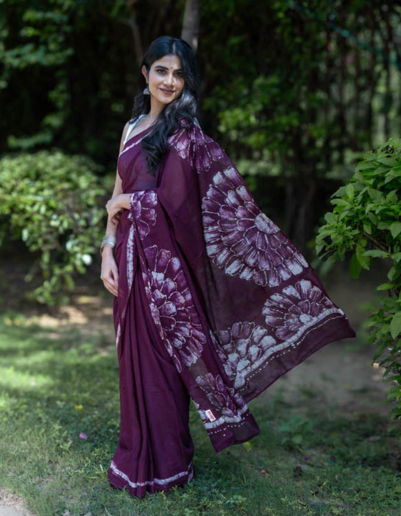 Wine Pop - Mauve Batik Pure Mulmul Cotton Saree