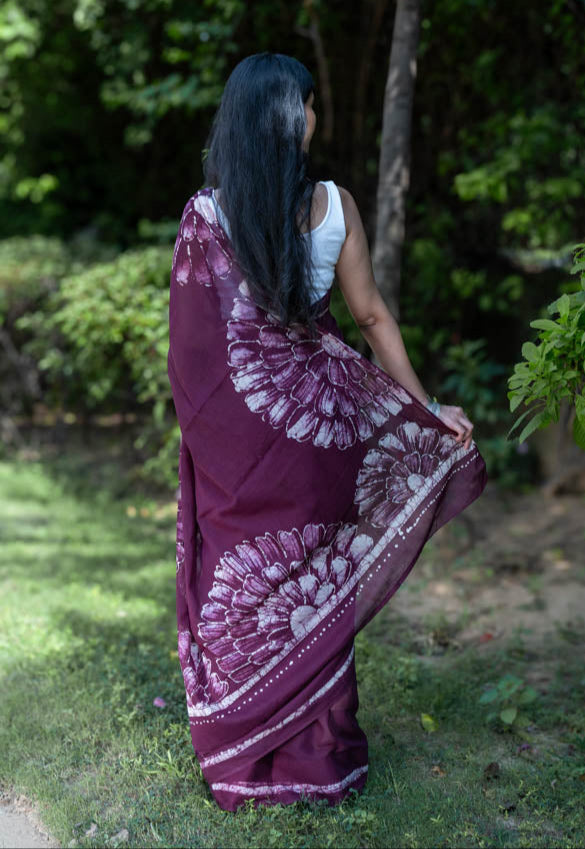 Wine Pop - Mauve Batik Pure Mulmul Cotton Saree