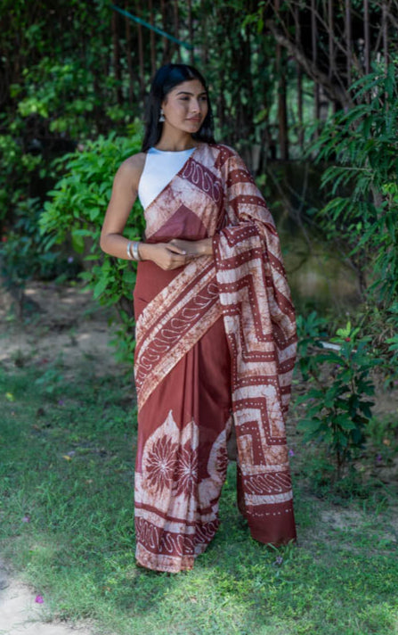 Cocoa Charm - Brown Batik Pure Mulmul Cotton Saree