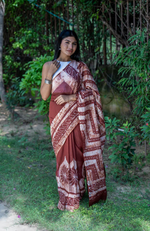Cocoa Charm - Brown Batik Pure Mulmul Cotton Saree