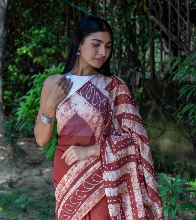 Cocoa Charm - Brown Batik Pure Mulmul Cotton Saree