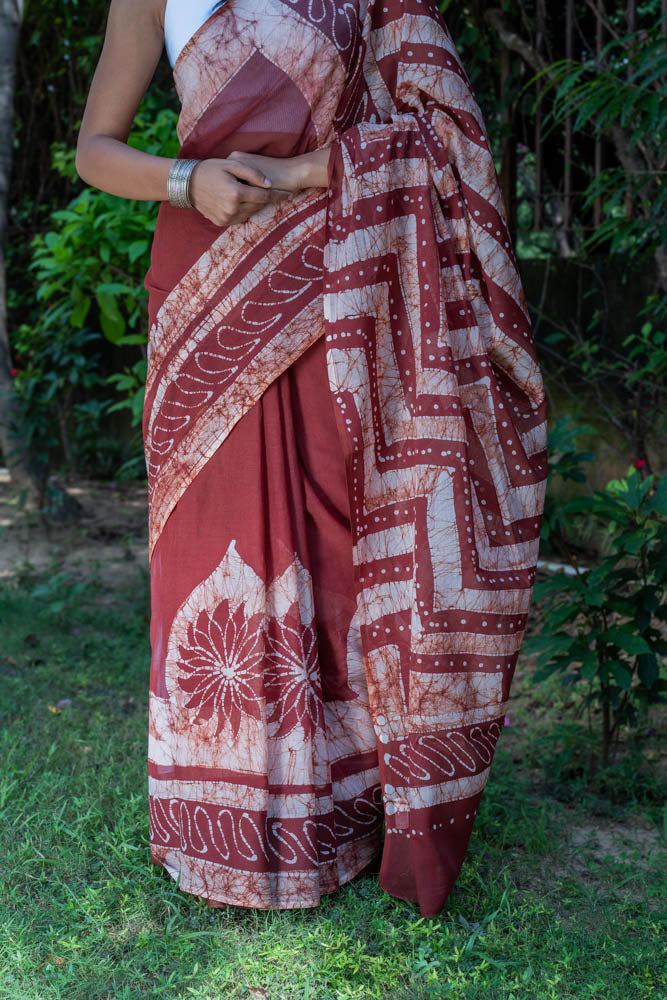 Cocoa Charm - Brown Batik Pure Mulmul Cotton Saree