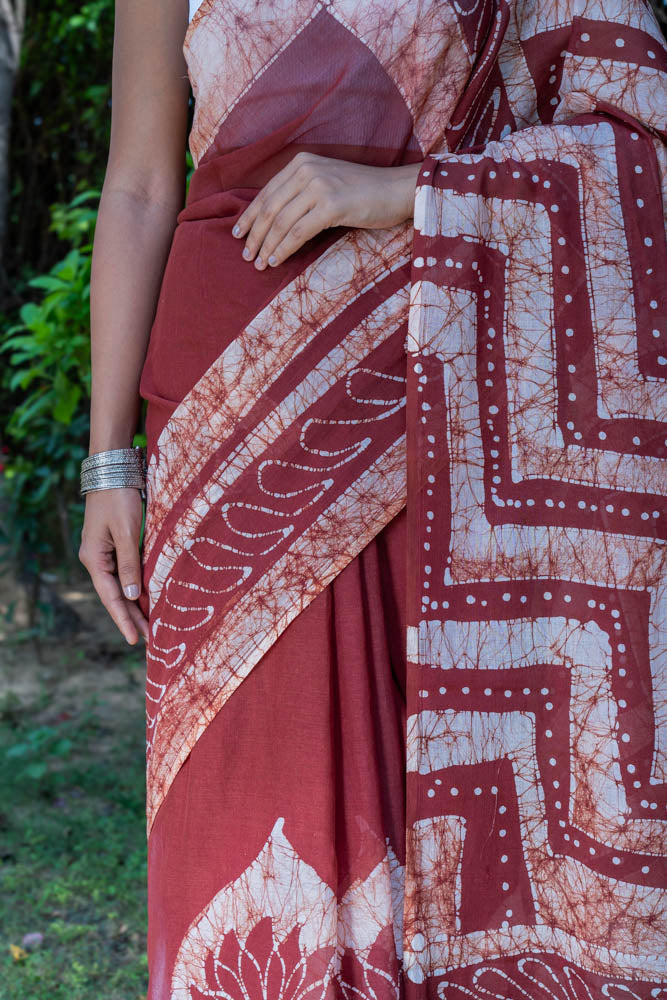 Cocoa Charm - Brown Batik Pure Mulmul Cotton Saree