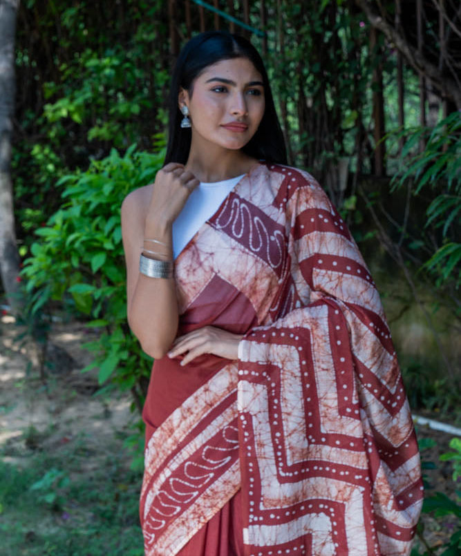 Cocoa Charm - Brown Batik Pure Mulmul Cotton Saree