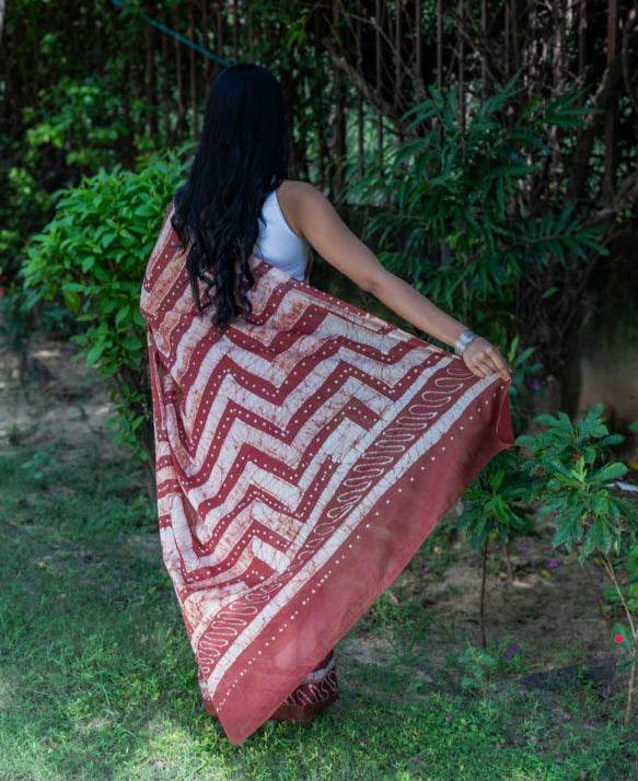 Cocoa Charm - Brown Batik Pure Mulmul Cotton Saree