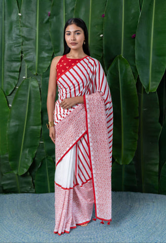 Crimson Stripe Hand Block Printed Mulmul Cotton Saree