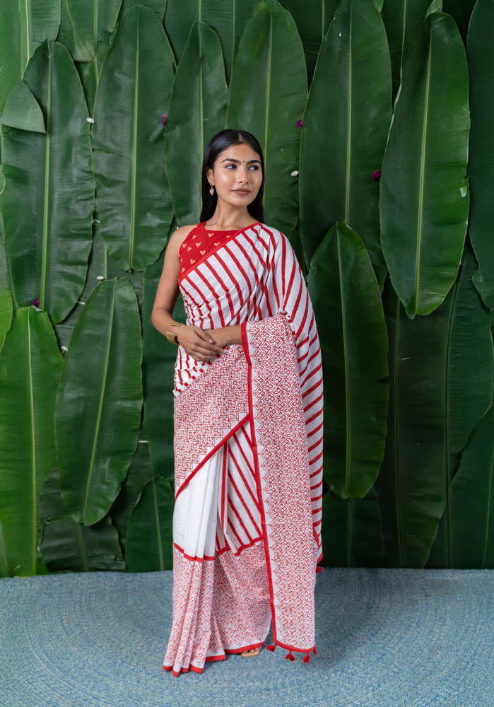Crimson Stripe Hand Block Printed Mulmul Cotton Saree