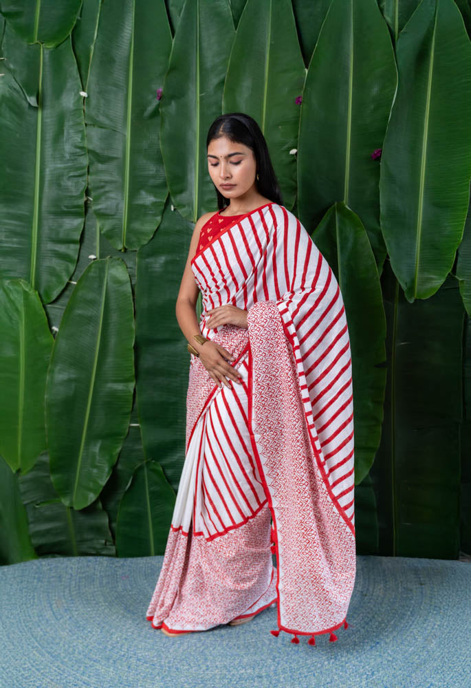 Crimson Stripe Hand Block Printed Mulmul Cotton Saree