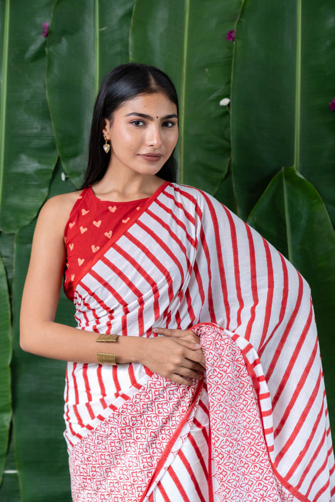Crimson Stripe Hand Block Printed Mulmul Cotton Saree