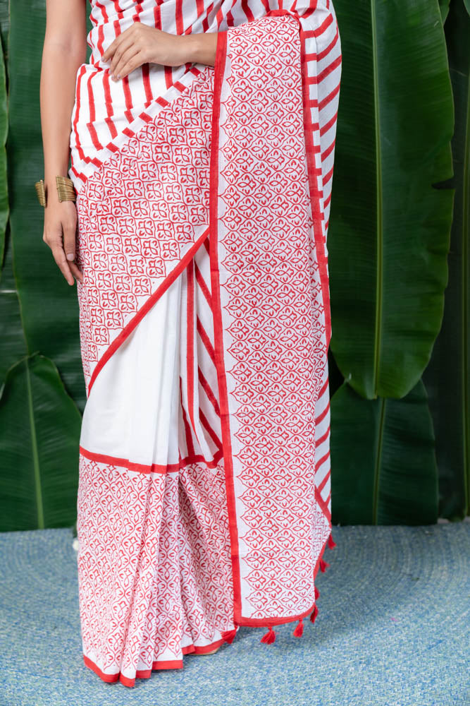 Crimson Stripe Hand Block Printed Mulmul Cotton Saree