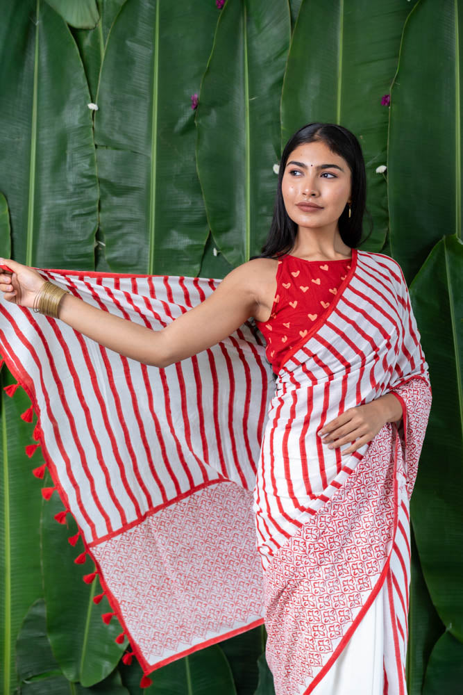 Crimson Stripe Hand Block Printed Mulmul Cotton Saree