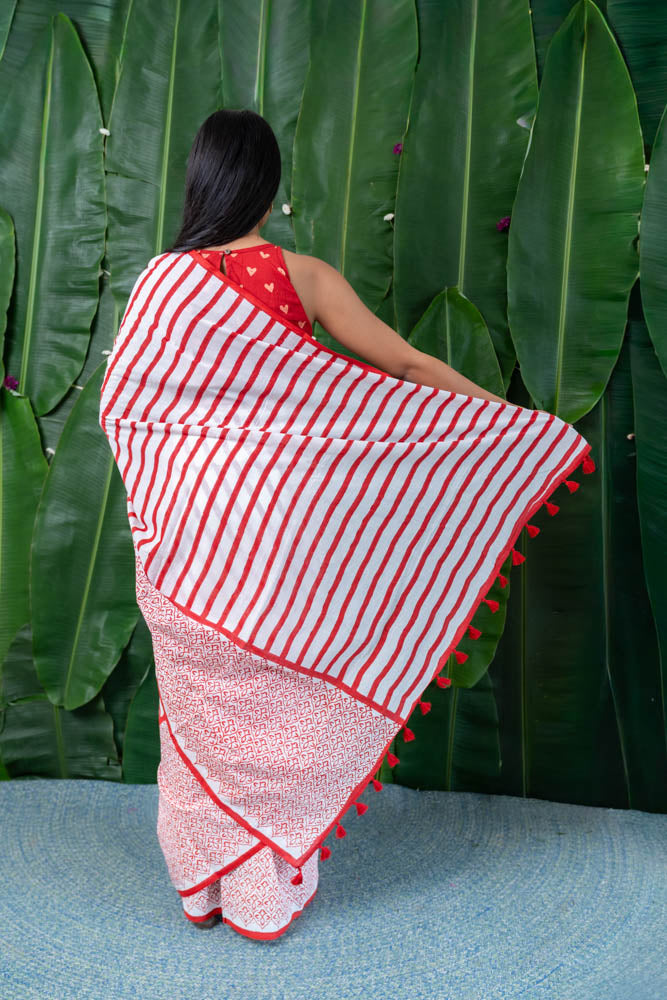 Crimson Stripe Hand Block Printed Mulmul Cotton Saree