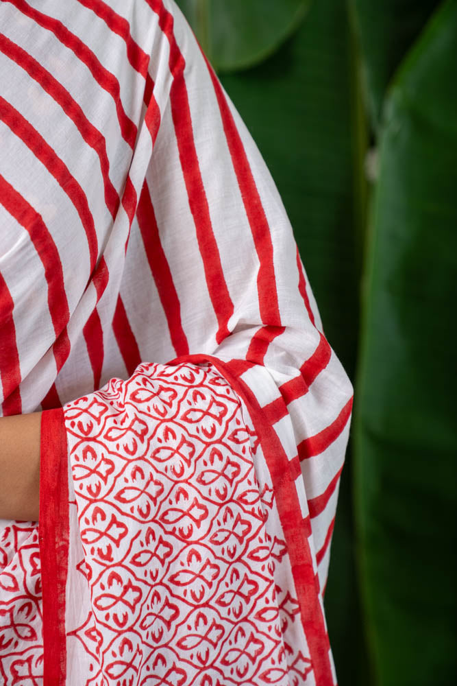 Crimson Stripe Hand Block Printed Mulmul Cotton Saree