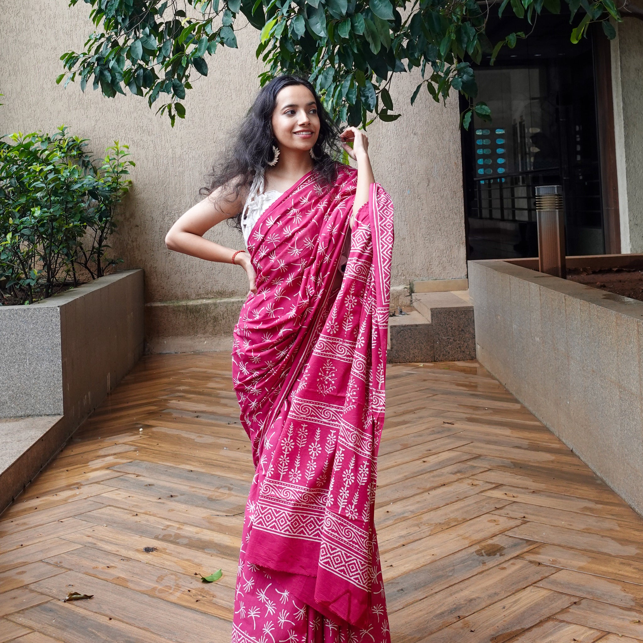 Dandelions in the Sky - Pink Hand Block Print Mulmul Cotton Bagru Saree