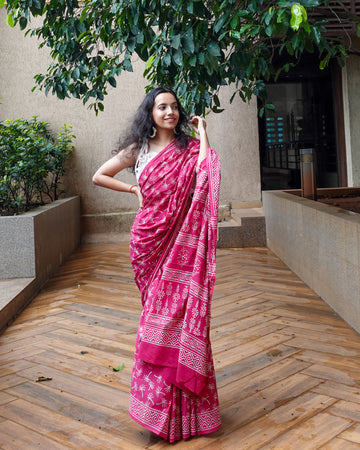 Dandelions in the Sky - Pink Hand Block Print Mulmul Cotton Bagru Saree