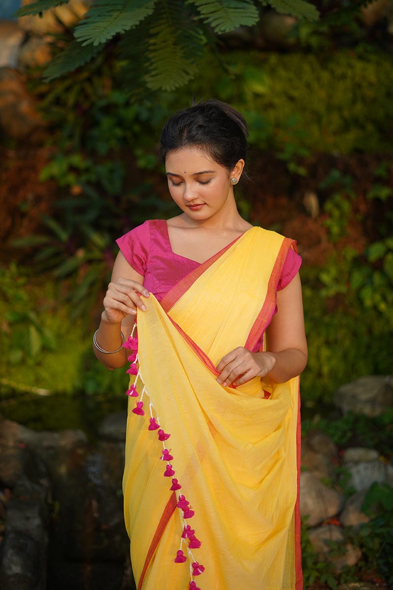 Yellow Sunshine Handwoven Mulmul Cotton Saree