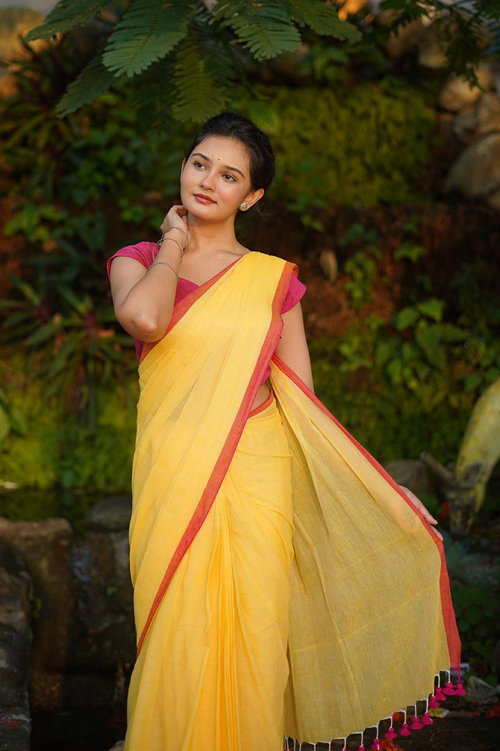 Yellow Sunshine Handwoven Mulmul Cotton Saree