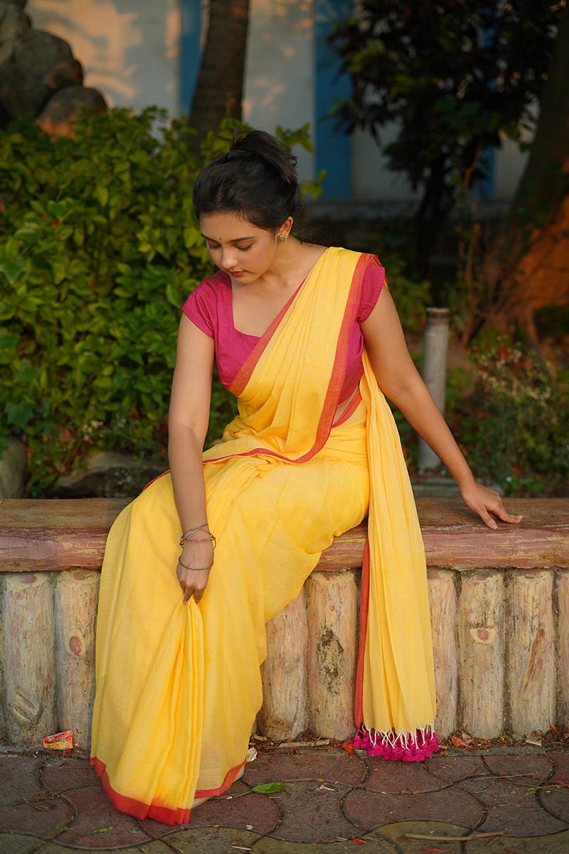 Yellow Sunshine Handwoven Mulmul Cotton Saree