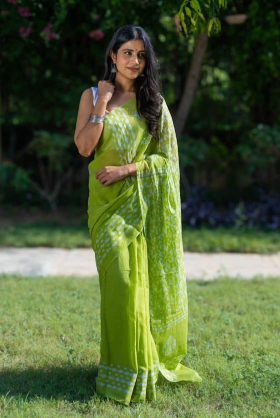 Lime Fizz - Green Batik Pure Mulmul Cotton Pre-stitched Ready to Wear Saree with Pocket