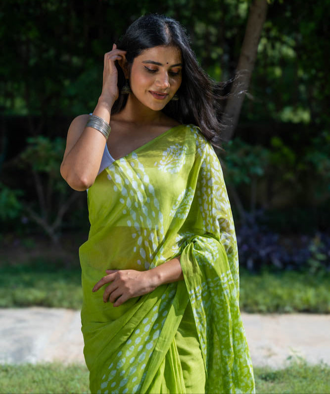 Lime Fizz - Green Batik Pure Mulmul Cotton Saree