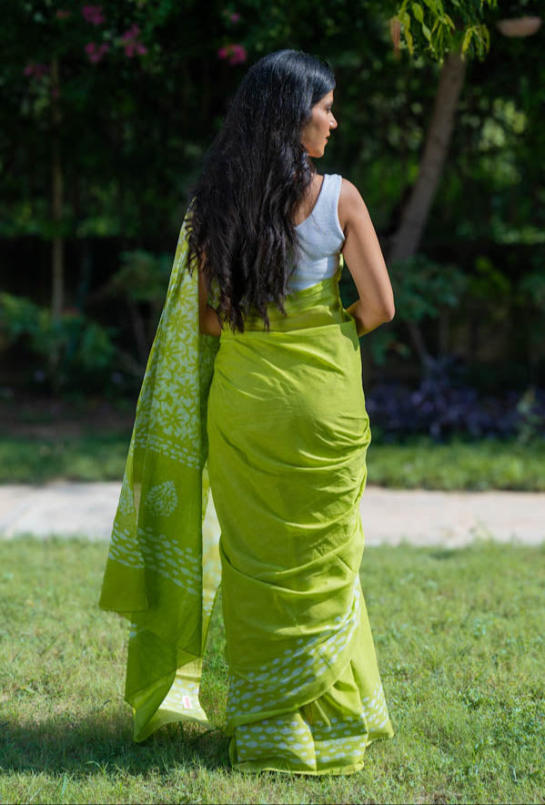 Lime Fizz - Green Batik Pure Mulmul Cotton Saree