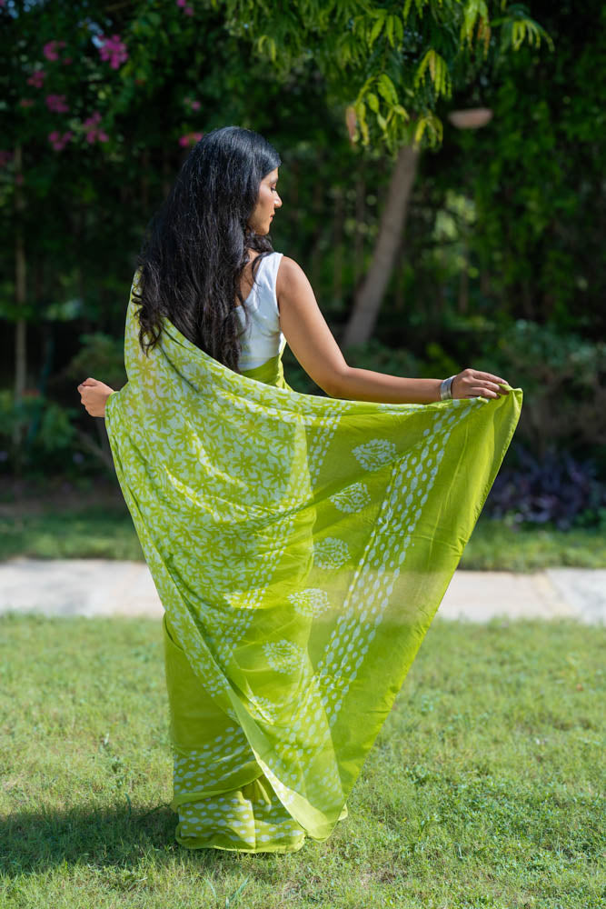 Lime Fizz - Green Batik Pure Mulmul Cotton Saree