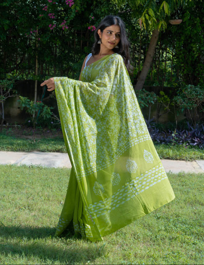 Lime Fizz - Green Batik Pure Mulmul Cotton Saree