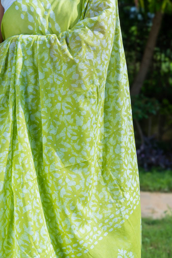 Lime Fizz - Green Batik Pure Mulmul Cotton Saree