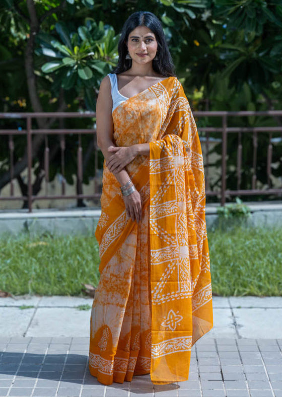 Tangerine Twist - Orange Batik Pure Mulmul Cotton Saree