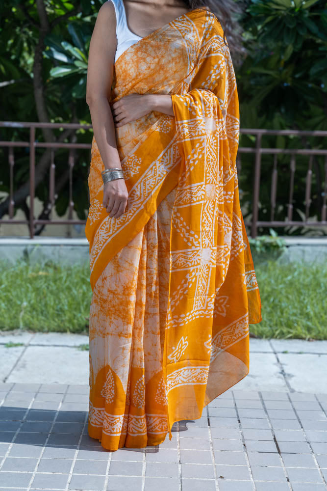 Tangerine Twist - Orange Batik Pure Mulmul Cotton Saree
