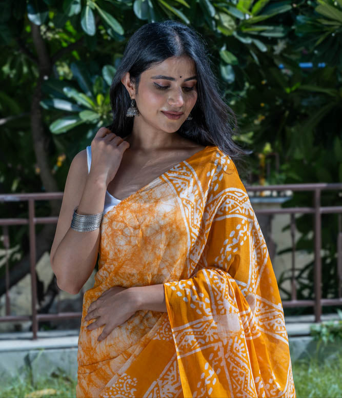 Tangerine Twist - Orange Batik Pure Mulmul Cotton Saree