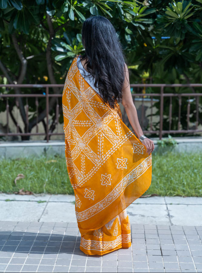 Tangerine Twist - Orange Batik Pure Mulmul Cotton Saree