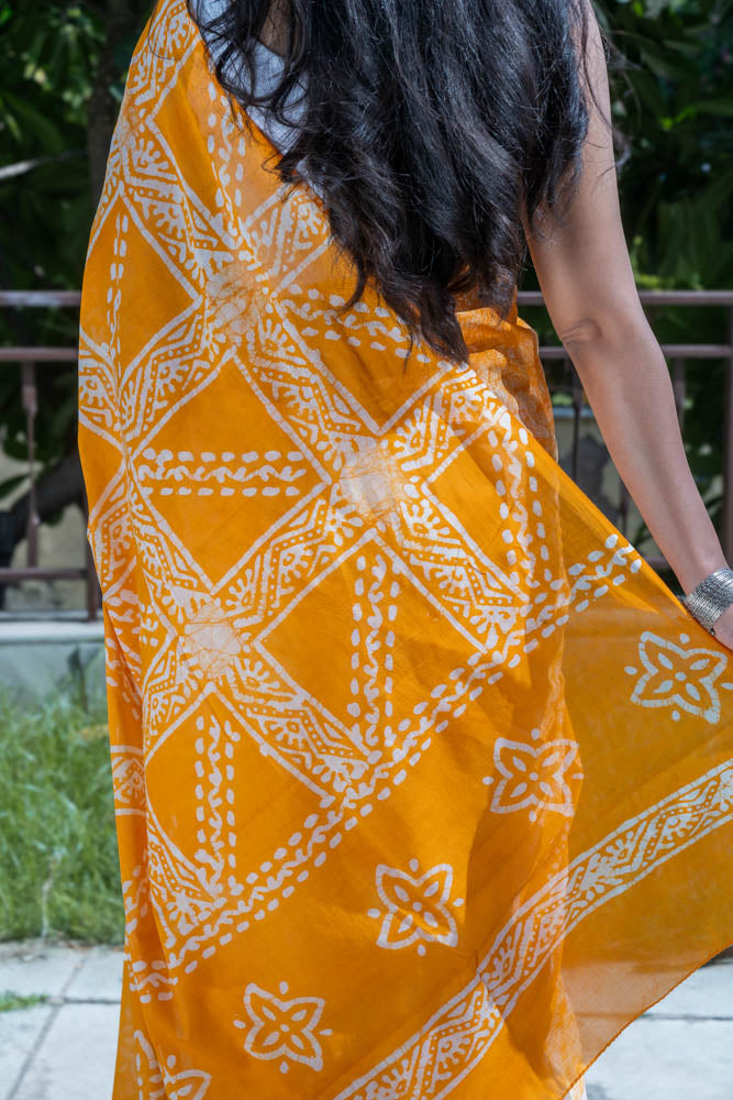 Tangerine Twist - Orange Batik Pure Mulmul Cotton Saree