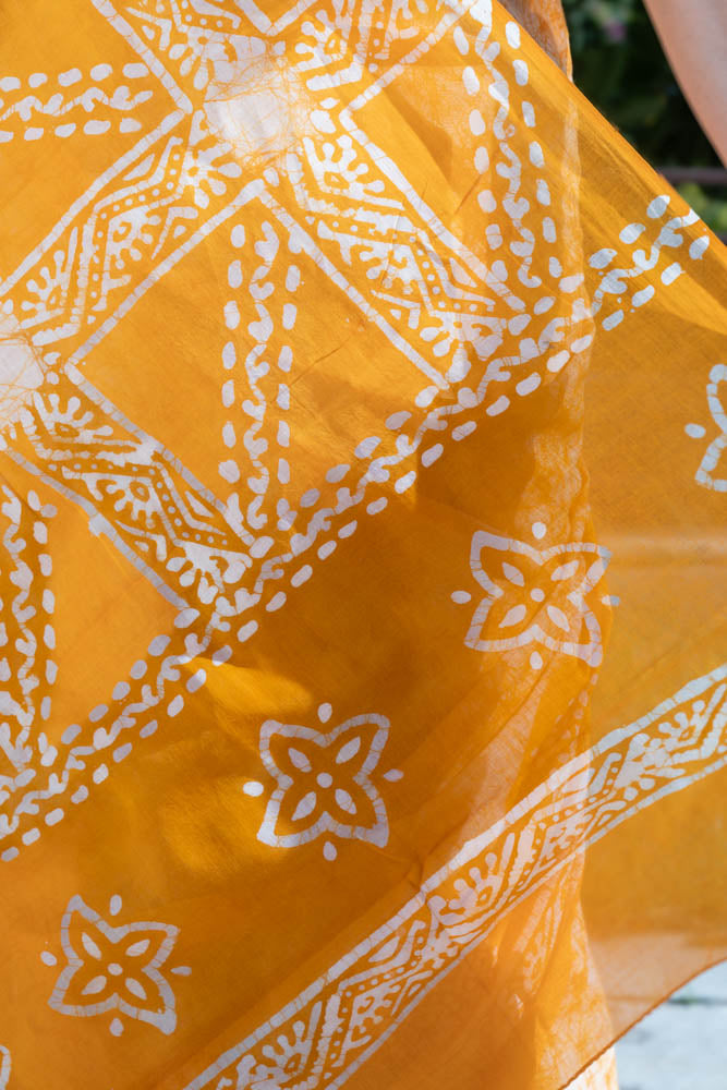 Tangerine Twist - Orange Batik Pure Mulmul Cotton Saree