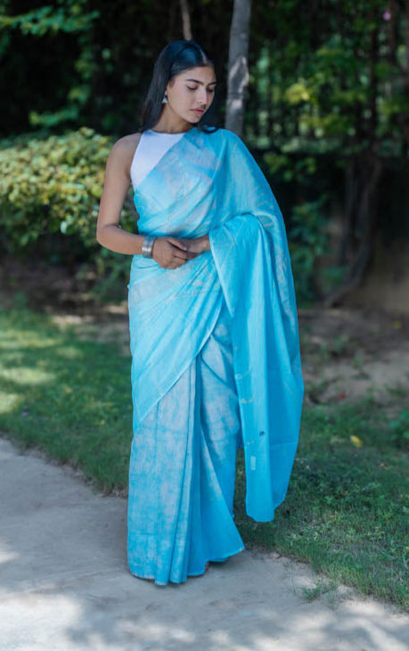 Sky Sorbet - Blue Batik Pure Mulmul Cotton Saree