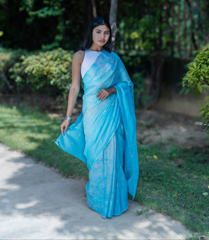 Sky Sorbet - Blue Batik Pure Mulmul Cotton Saree